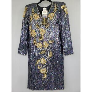 Vintage Silk Cocktail Dress 80s Sequin Flapper Wearable Art Deco Beaded GATSBY